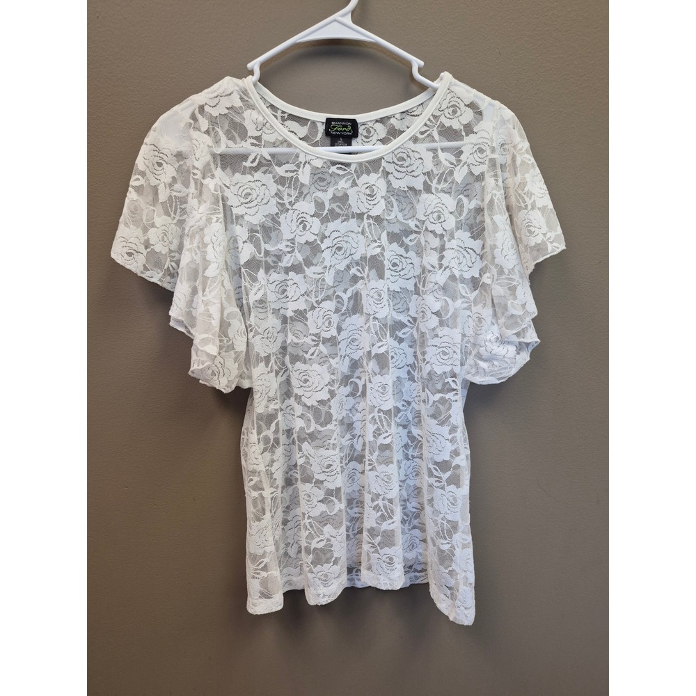 Shannon Ford New York L Women's White Floral Lace Flutter Sleeve Sheer Blouse
